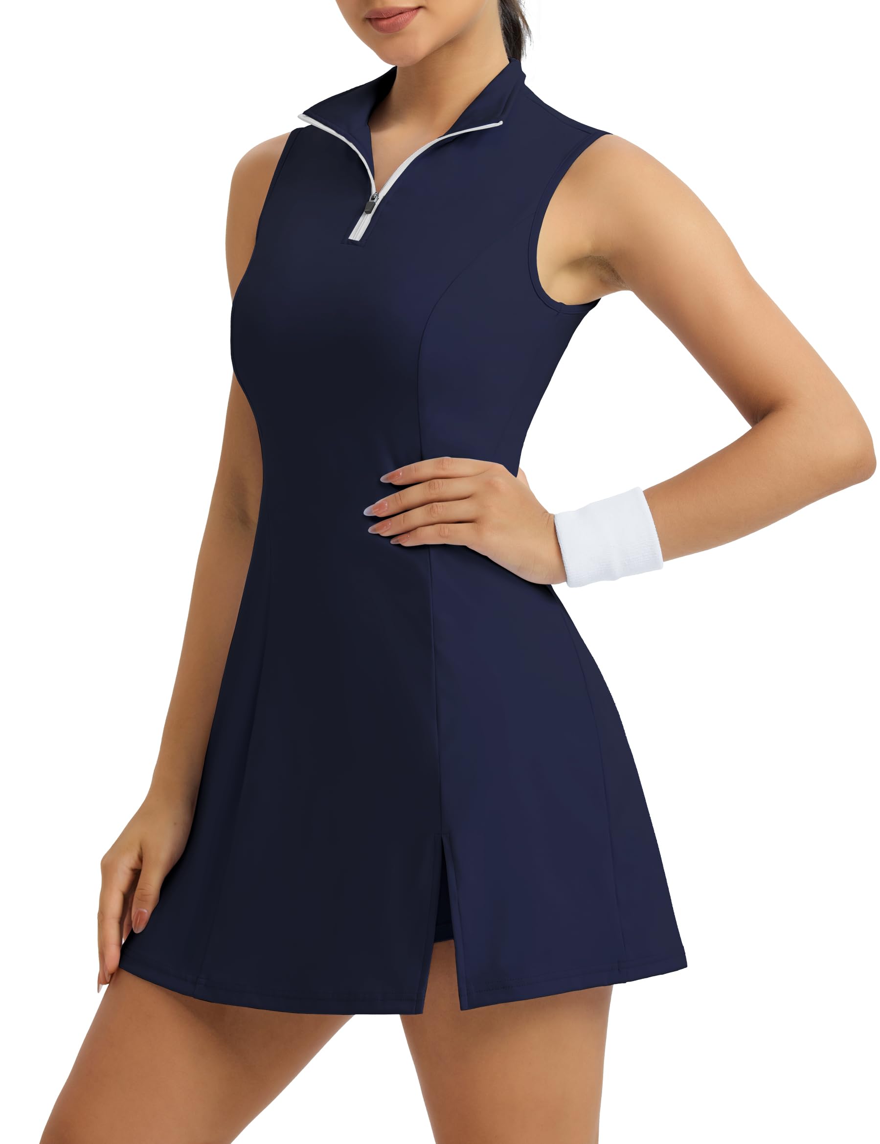Photo 1 of Fengbay Tennis Dresses for Women,Golf Dress with Shorts and Pockets for Athletic Dress Sleeveless Workout Dress Dark Blue