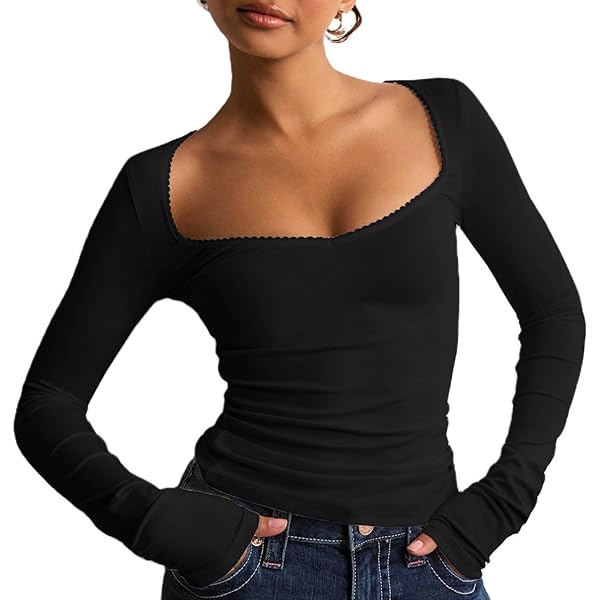 Women Sexy Long Sleeve Shirt Y2K Low Cut Lace Trim Fitted Top