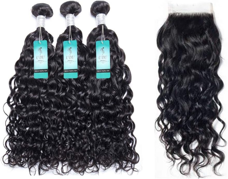Water Wave Human Hair Bundles with Closure, UDU Malaysian Ocean Wave Wet & Wavy Bundle Deals Human Hair Weave Extensions Remy Hair Bundles Malaysian Water Curly Hair 100g/bundle