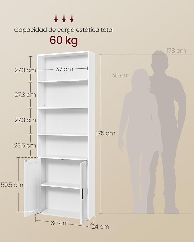 Librería, Estantería Vertical de 6 Niveles, con Puertas, 24 x 60 x 175 cm, para Salón, Estudio, Oficina, Comedor, Blanco Nube LBC402W01