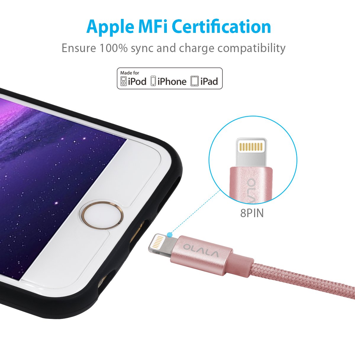 [Apple MFi Certified] OLALA 3.3 Feet/1 Meter Nylon Braided Lightning to USB Cable Sync and Charging Charger Cord for iPhone, iPad and More (Rose Gold)