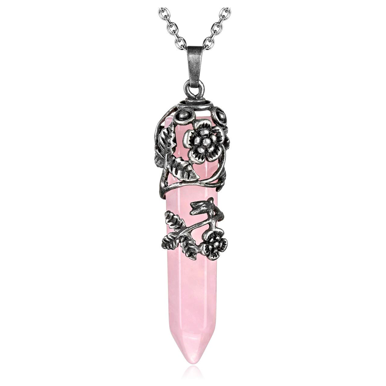 JSDDE Natural Rose Quartz Crystal Necklace Vintage Flower Wrapped Healing Crystals Pendant Necklace for Women