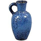 The Bridge Collection Rustic Blue Ceramic Jug Vase with Handle-Vintage Style Decorative Flower Vase for Table or Shelf Display