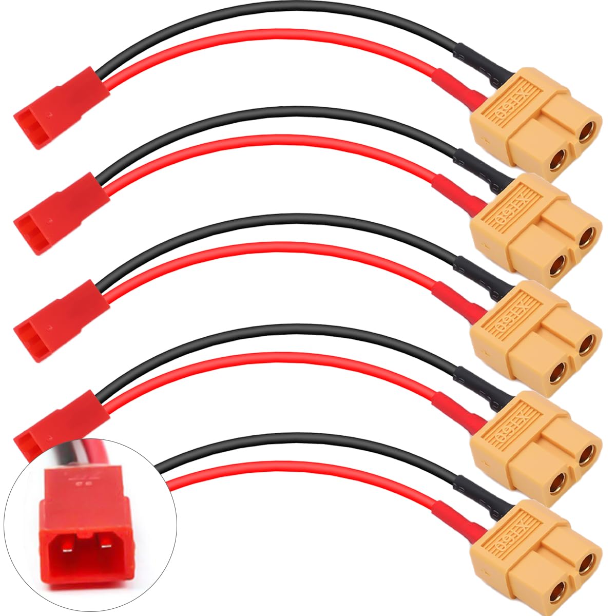 EatPitaya JST to XT60 Plug,Female XT-60 to Male JST Connector Adapter With 22AWG 10cm/3.9in Silicone Cable for RC FPV Racing Drone RC Cars Helicopter Charger - 5pcs