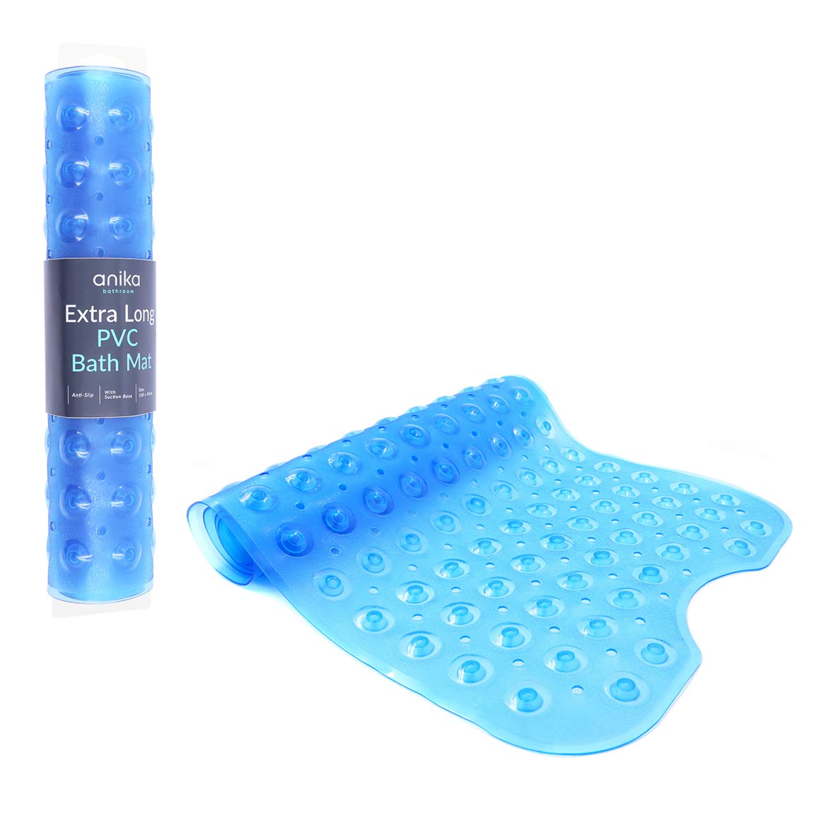 Anika Bathroom 66669 Anti-Slip Extra Long PVC Bath Mat with Suction Base Pebble Effect, 100cm x 40cm, Blue