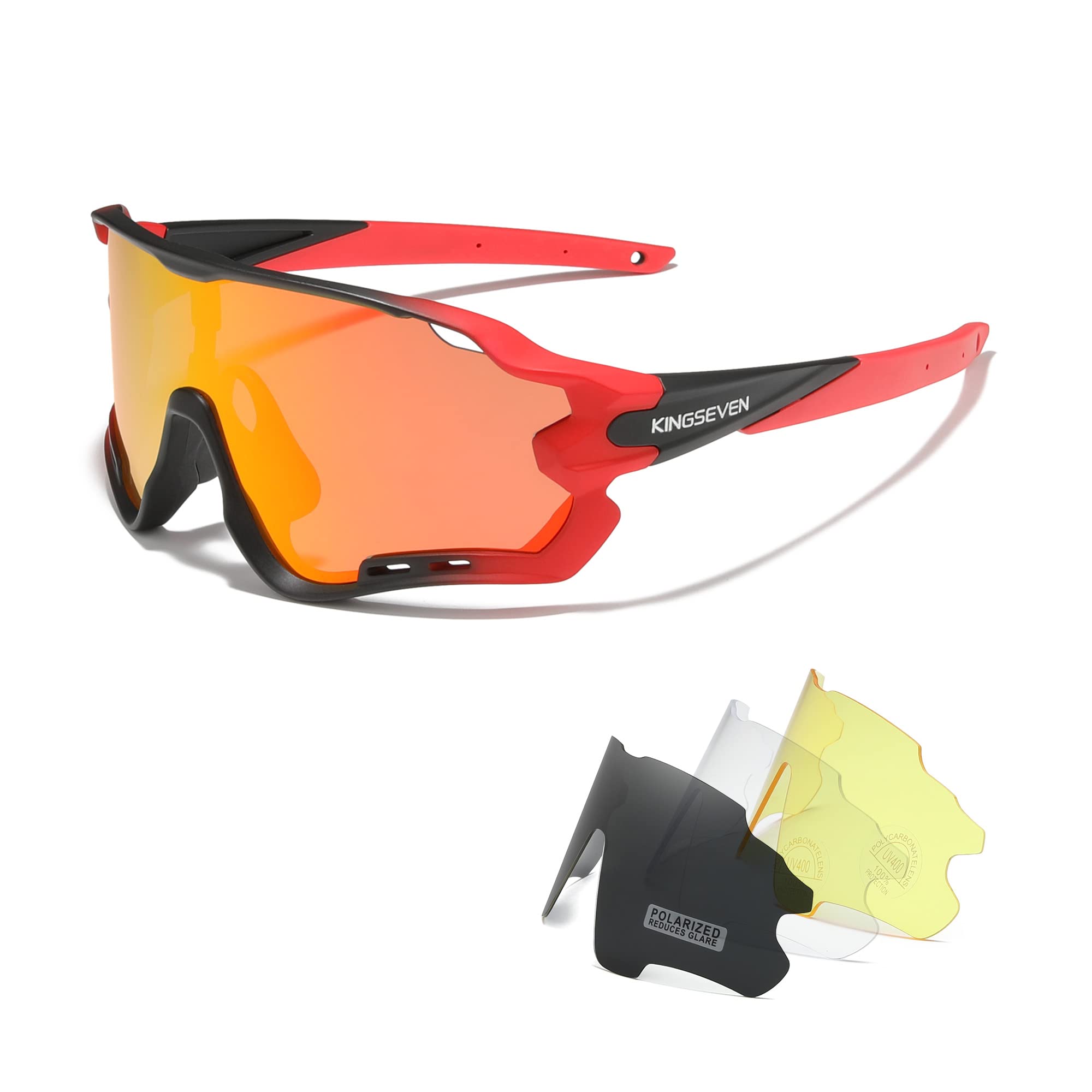 KINGSEVEN Polarized Cycling Glasses for Men Women Bicycle Sports MTB Road Bike Sunglasses with 4 Interchangeable Lenses LS-911 (Gradient Red/Orange)