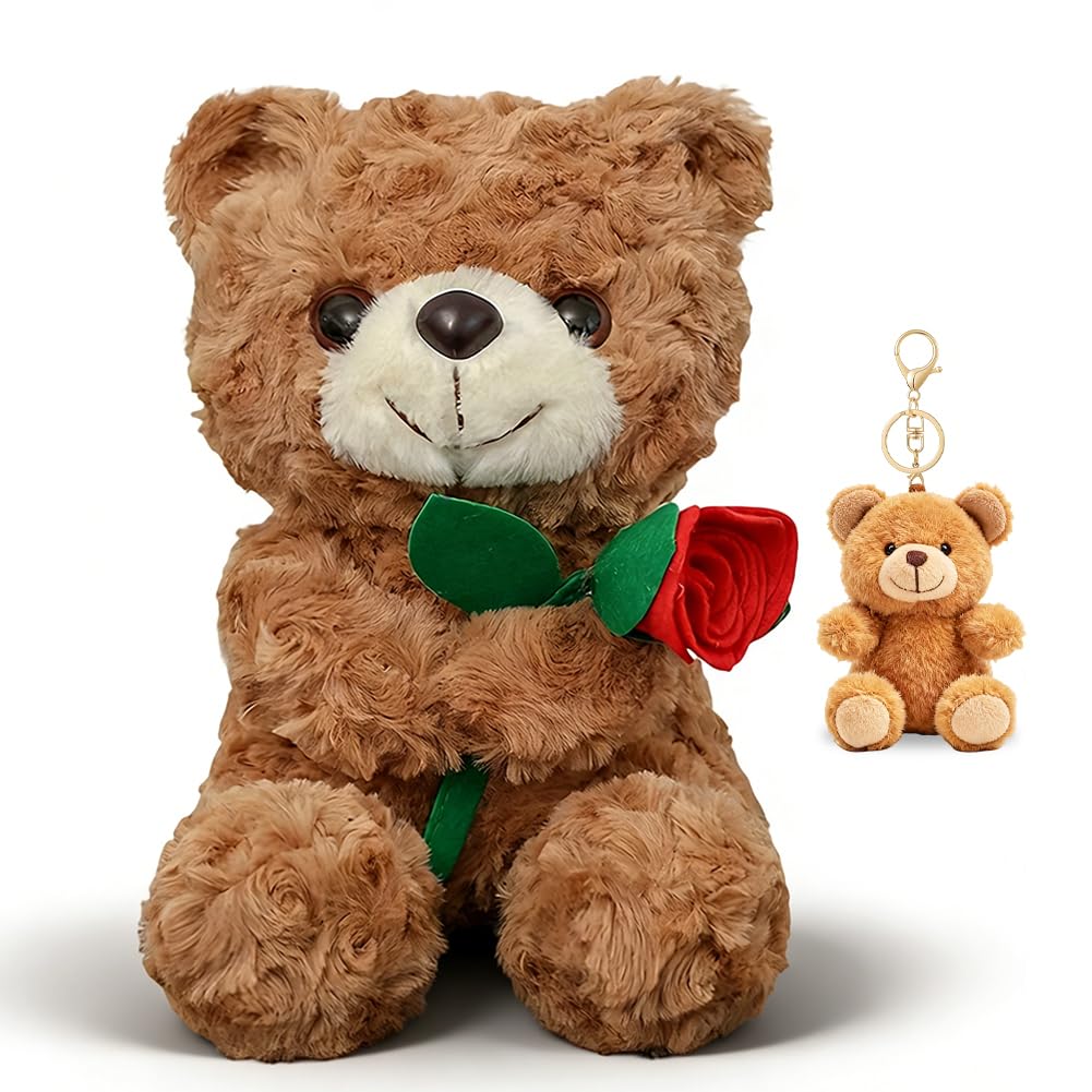 CYGMRFH Brown Bear Plush, 25cm Cuddly Soft Valentines 3D Rose Hugging Plush Toy with Bear Keychain, Animal Stuffed Cuddly Toy with Bear Keychain for Valentine's Day Christmas Anniversaries