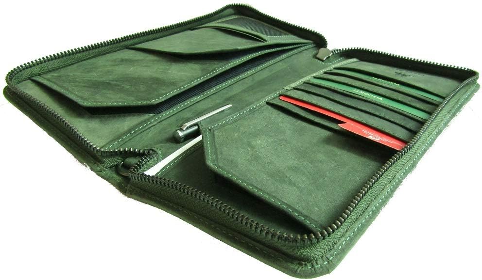 Visconti Wing Unisex Hunter Leather Travel Wallet for Passport ID Currency Card Pen Boarding Pass RFID Security Detachable Wrist Strap Style 728 (Oil Green) - Image 4