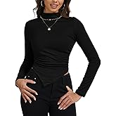 DIKGROP Womens Mock Neck Long Sleeve Top, Asymmetrical Hem Blouse Slim Fit Solid Basic T Shirt Trendy Casual Outfits