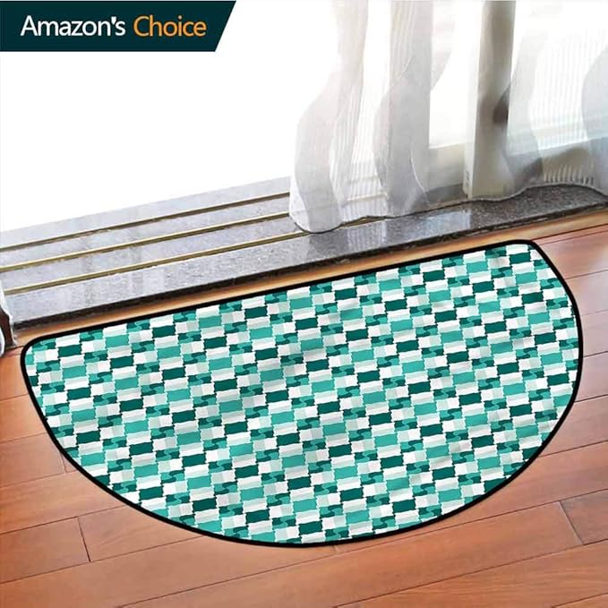 Emerald Polyester Semicircular rug, Checkered Pattern Colored Entrance