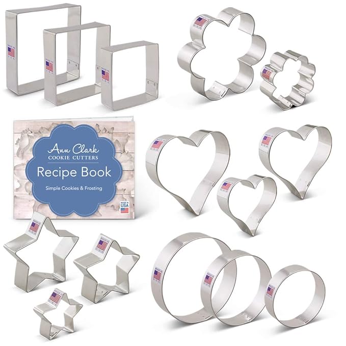 Basic Cookie Cutters Set with Recipe Card 14 piece Ann Clark Stars, Hearts, Circles