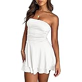 SEBAQINY Strapless Tube Dress Sexy: Summer Off Shoulder Short Tops for Women - Ruffle Tiered Mini Party Dresses 2407
