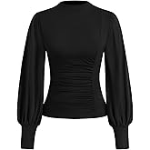 KIRUNDO Blouses for Women Dressy Casual 2026 Spring Tops Fall Puff Long Sleeve Shirts Fitted Mock Neck Ruched Trendy Tops