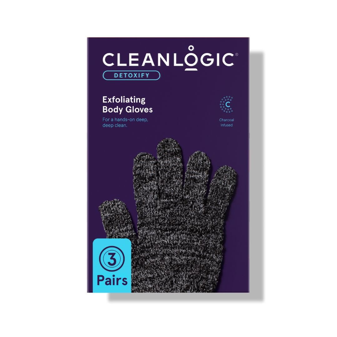 Cleanlogic Detoxify Exfoliating Gloves with Charcoal, Reusable Body Exfoliator Gloves, Helps Remove Dry Skin to Keep Skin Smooth and Clean, Helps Boost Circulation and Lymphatic Drainage, 3 Pairs