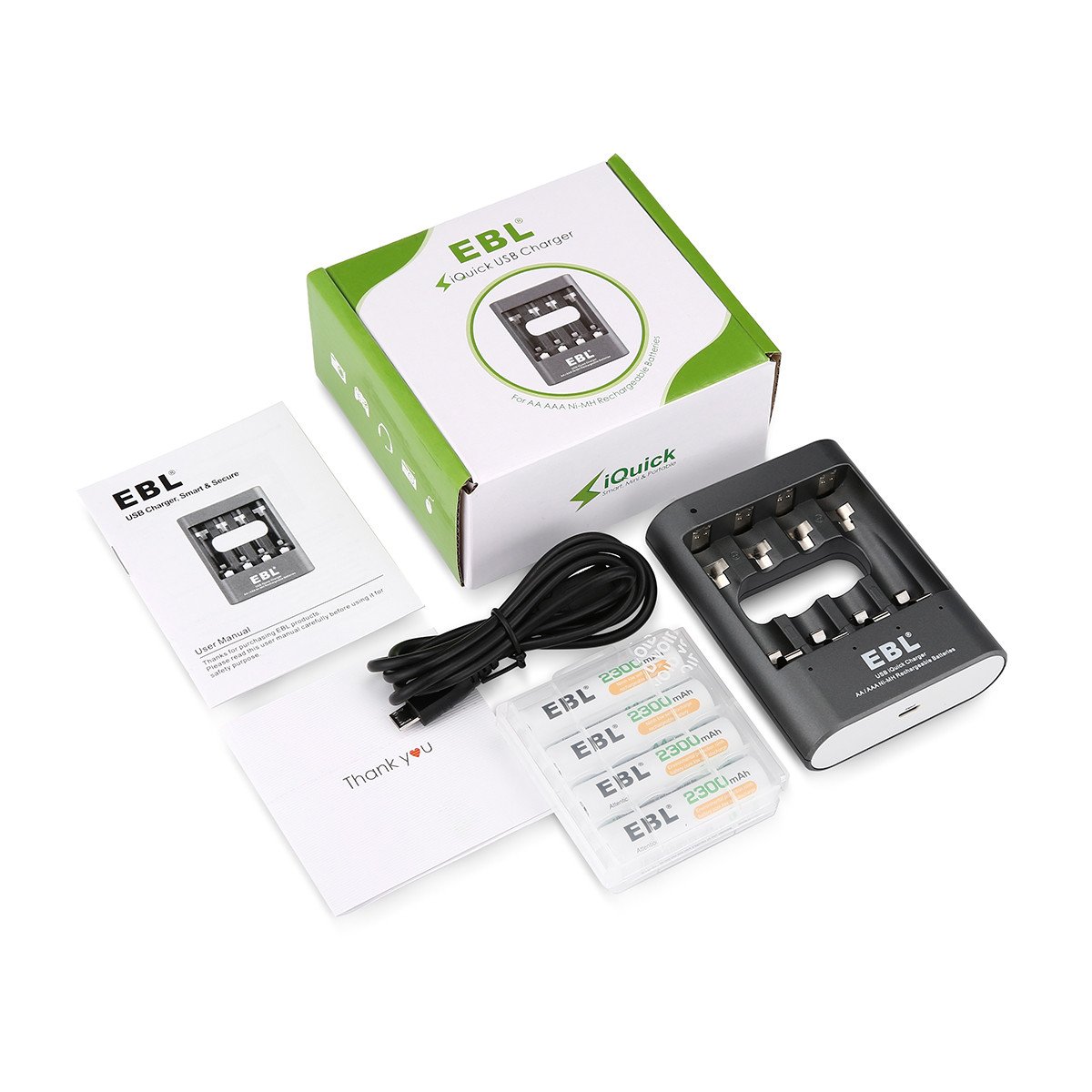 EBL AA AAA Ni-MH Cargador de Baterías con 4 Piezas 2300mAh AA Pilas Recargables(5V 2.1A USB Entrada)
