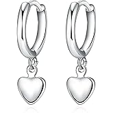 QIAOLEHUI Charming Sterling Silver Heart Dangle Hoop Earrings - White Gold Plated, Huggie Style, Gift for Women