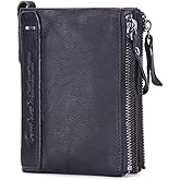 CONTACTS Soft Leather Wallet for Women and Men Small Bifold Coin Purse Double Zipper Card Holder with RFID Blocking (Black)
