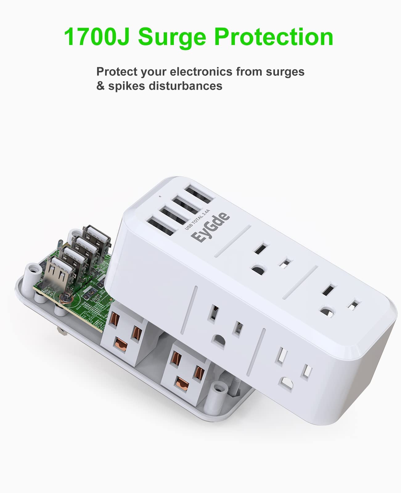 2 Prong Power Strip with Surge Protector 1700J, EyGde Multi Plug Outlet Extender with Rotating