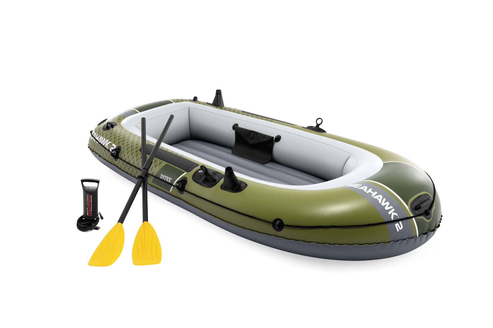 INTEX 66332EP Seahawk 2 Inflatable Boat Set: Includes Deluxe 48in Aluminum Oars and High-Output Pump – SuperStrong PVC – Fishing Rod Holders – 2-Person – 520lb Weight Capacity Image