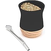 BALIBETOV Ceramic Traditional Yerba Mate Cup & Bombilla Set | 8 Ounces Ceramic Mate Cup with Wooden Base | Includes 1 Bombilla Straw | Easy to Clean Ceramic Design (Black)