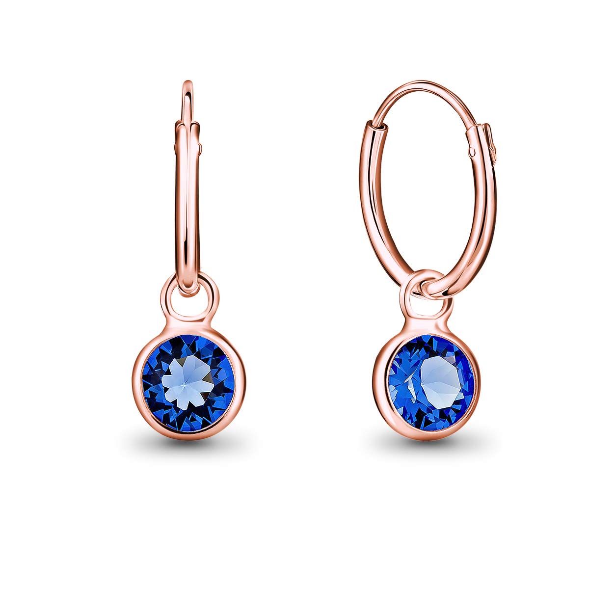 DTPsilver® 925 Sterling Silver Rose Gold Plated SMALL Hoops Earrings - Dangling 5 mm Round Glittering Crystals from Swarovski® Elements - Diameter 12 mm - Colour: Blue Sapphire