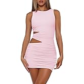 Nsbonu Women's Sexy Bodycon Ruched Sleeveless Cut Out Club Party Short Mini Dresses