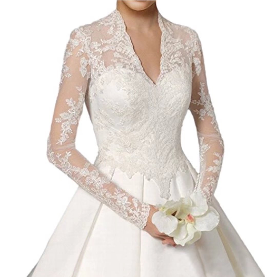 Liliesdresses Women's Long Sleeves Lace VNeck Big Trailing Wedding