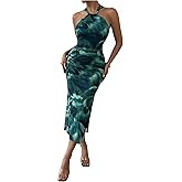 GORGLITTER Women's Floral Print Halter Midi Dress Summer Mesh Sleeveless Going Out Birthday Vacation Beach Sundresses