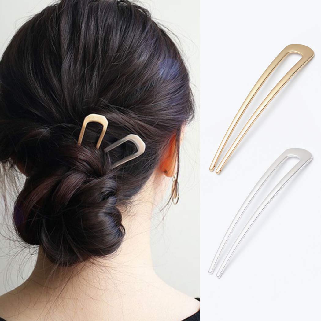 Briskaari Hair Pins Gold U Shaped Hair Sticks Fork Metal Chignon Pins Hair Clips Hair Braids Twist Styling Maker Hair Accessories for Women (Pack of 2) : Beauty