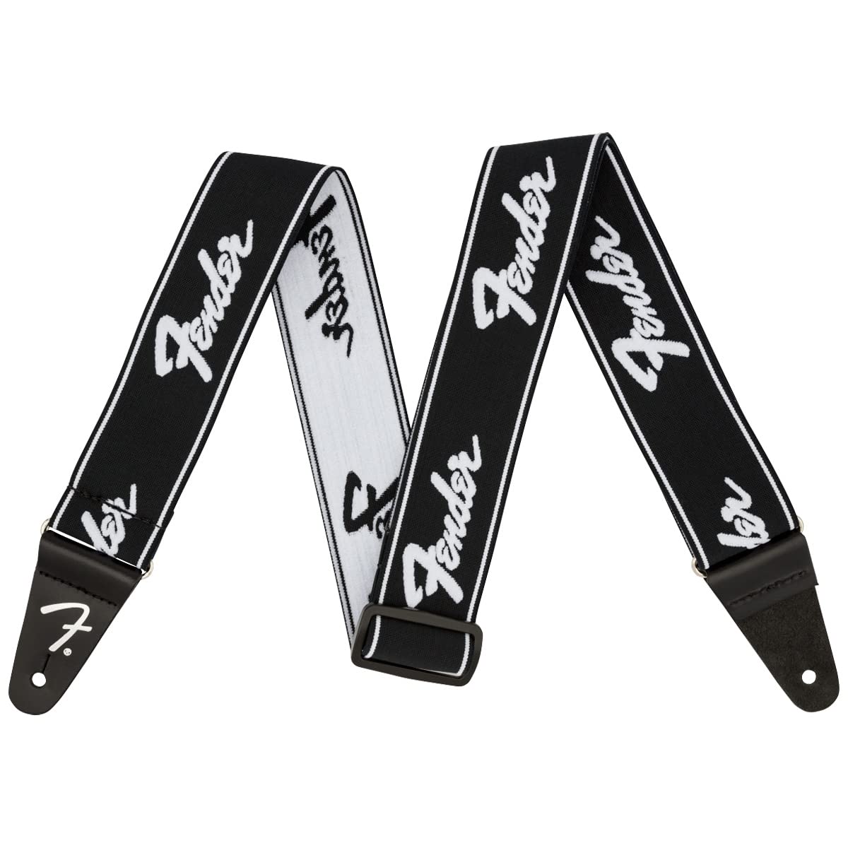 Fender WeighLess Running Logo Guitar Strap, 2in, Black/White