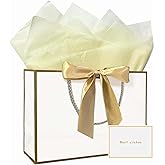 Gfractolux Large Gift Bags for Present, 1 Pcs Gift Bags for Women Men with Tissue Paper and Cards, Gift Bags for Birthdays, Baby Shower, Wedding, Party 14.2" x 9.8" x 4.7" (White-Gold)