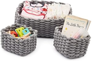 EZOWare Set of 3 Soft Woven Cotton Rope Nursery Room Baskets Bins Storage Organizer, Perfect for Decorative kids Baby Room, Toys Small Items - Gray