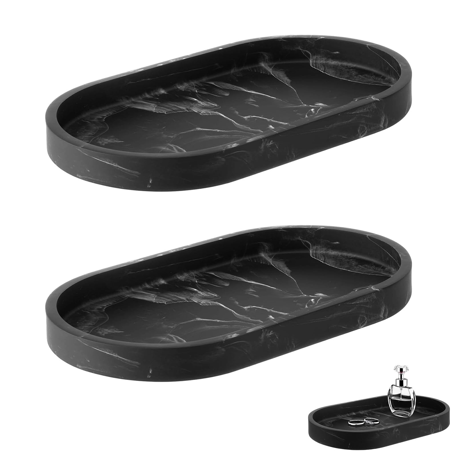 2 Pieces Ceramic Trays for Cosmetics Rectangular… (Oval, Ink Black)