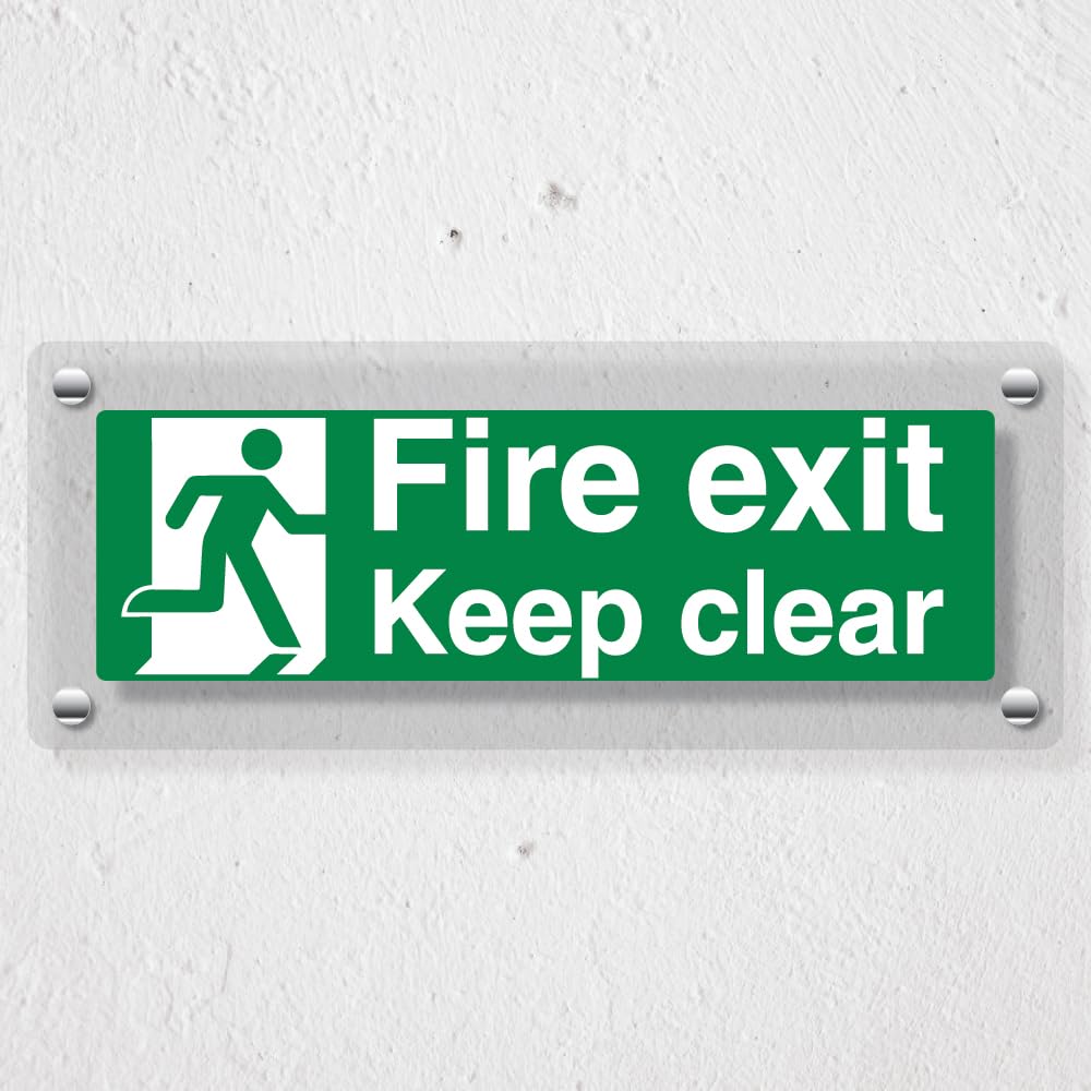 V Safety Fire Exit Keep Clear With Running Man - 450 x 150 mm - Acrylic Perspex Cast Clear Safety Sign