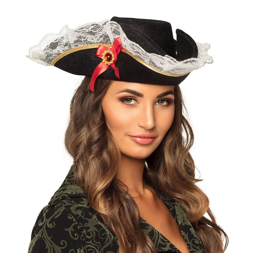 Boland Pirate Stacey Hat Fancy Dress Accessory – Adult Pirate Tricorn Hat with Lace Trim – Ideal for Carnival, Theme Parties, Historical Costumes & Dress Up Events