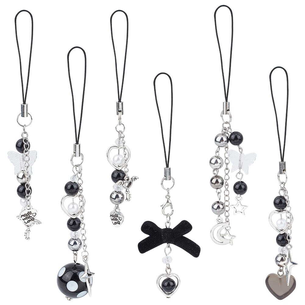 GOMAKERER 6 Pcs Punk Phone Charms - Black Acrylic Heart Moon Key Star Bow Straps & Case Charms - String Acrylic Bead Mobile Straps Accessories