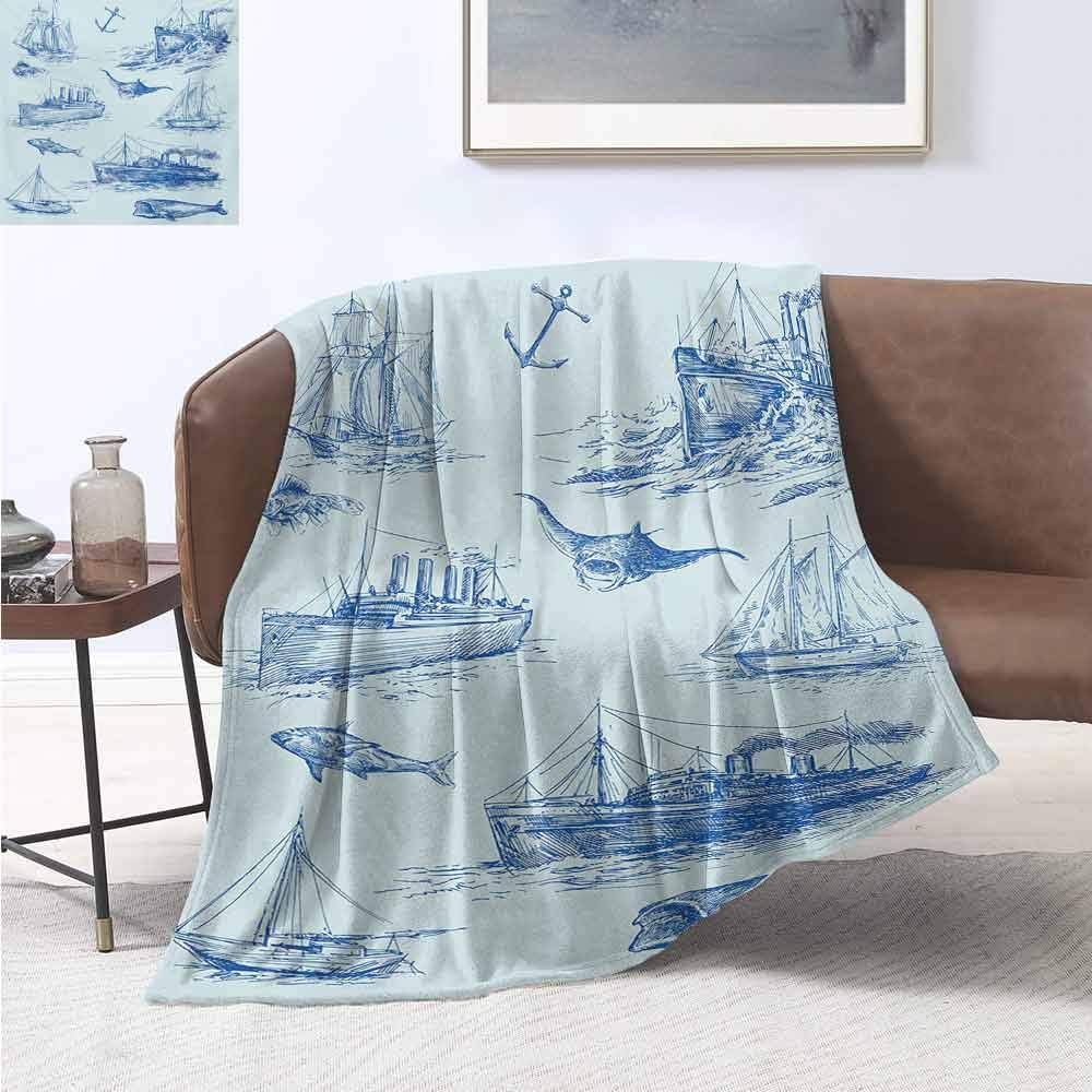 jecycleus Nautical Commercial Grade Printed Blanket Nautical Underwater Wildlife Shark Ancient Boat Ships Navy Stormy Weather Queen King W57 by L74 Inch Blue Baby Blue