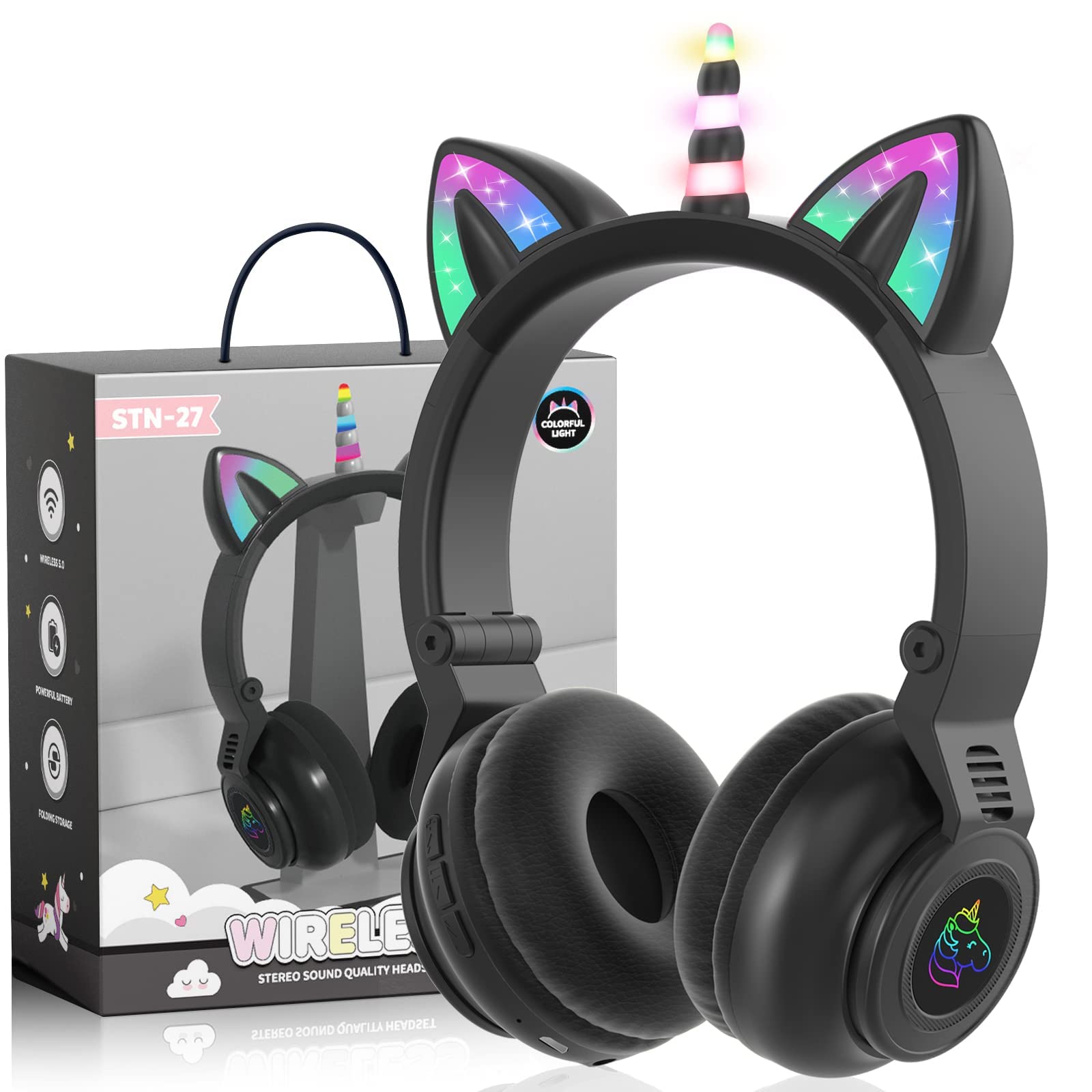 JYPS Unicorn Bluetooth Headphones, Wireless/Wired Kids Headphones with LED Lights, Childrens Headphones Over Ear with Microphone and SD Card Slot, for iPad/Kindle/Tablet(black)