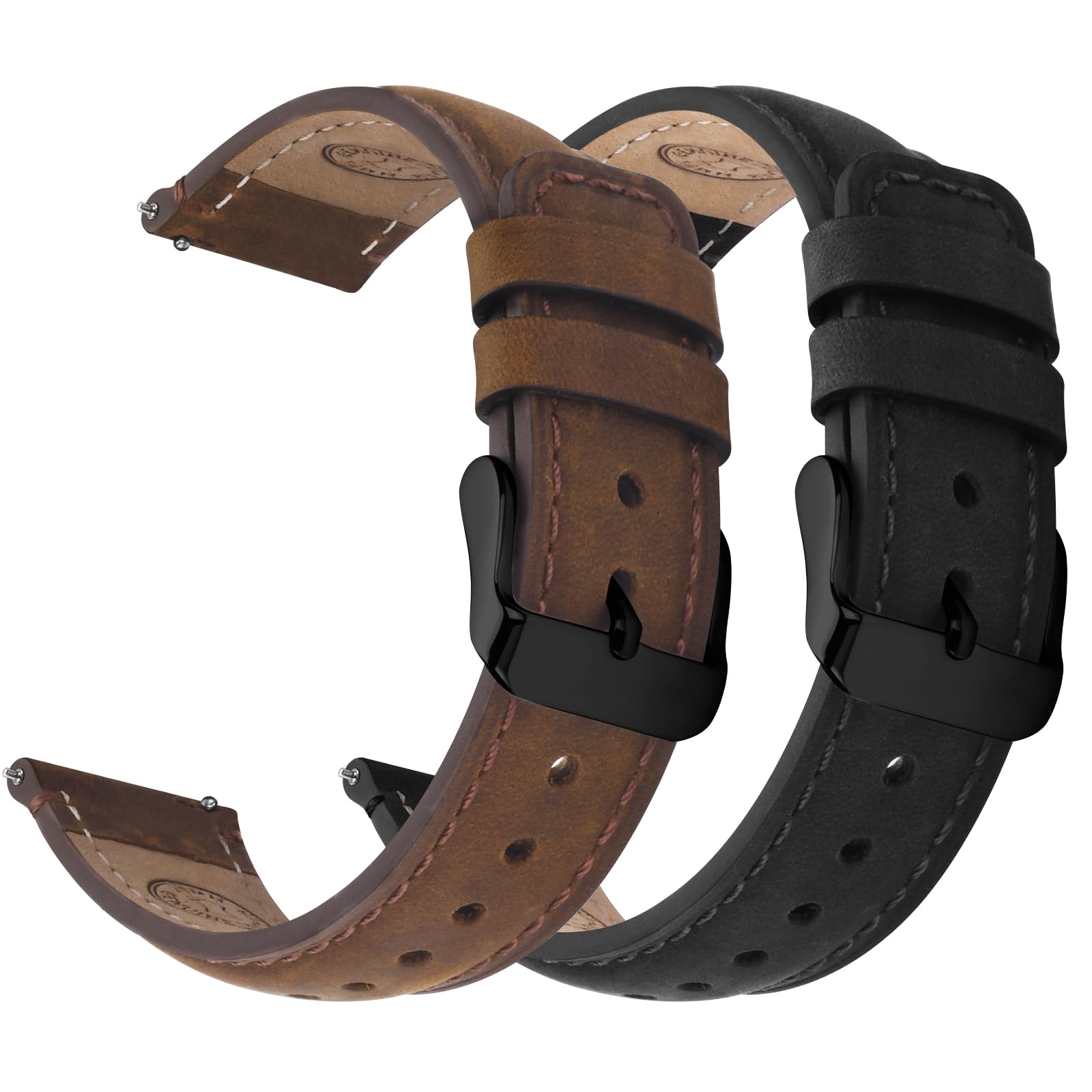 Fullmosa 18mm 20mm 22mm 24mm Leather Watch Bands Quick Release Watch Strap for Men Women, 2 Pack Soft Replacement Strap Wristband with Stainless Steel Buckle,24mm Saddle Brown&Black/Black&Black
