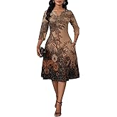 SUZONANA Midi Dresses for Women Casual 3/4 Sleeve Flowy Wedding Dress Plus Size Sundress with Pockets