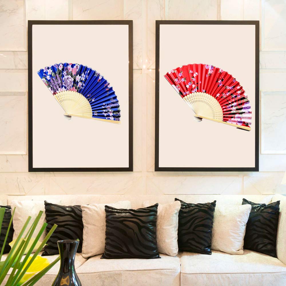 Floral Folding Hand Fan, AukCheire Vintage Handheld Lace Bamboo Silk Fabric Folding Fan with Different Flower Patterns Fabric Folding Fan for Wedding Dancing Party (2)