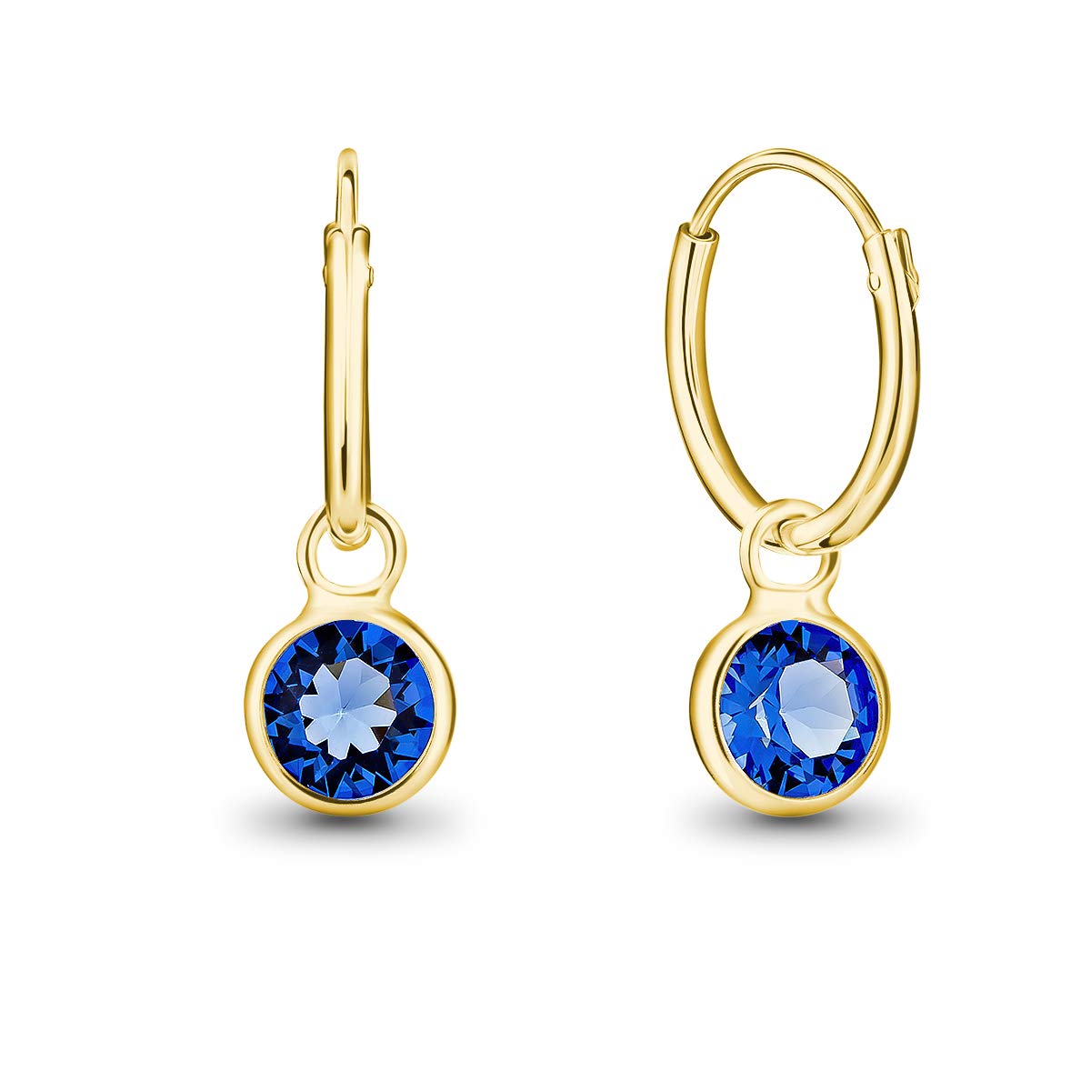 DTPsilver® 925 Sterling Silver Yellow Gold Plated SMALL Hoops Earrings - Dangling 5 mm Round Glittering Crystals from Swarovski® Elements - Diameter 14 mm - Colour: Blue Sapphire