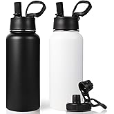 Neihepal 32 oz Insulated Water Bottles with 2 Lids (Straw & Spout Lid), 18/8 Stainless Steel Double Wall Water Bottle for Gym, Travel, Camping, Sports (Mix,2 Pack)