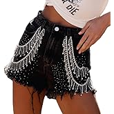 Mxiqqpltky Y2K Rhinestone Jean Shorts Women Summer High Waist Raw Hem Tassel Denim Shorts Casual Stretchy Baggy Short Pants