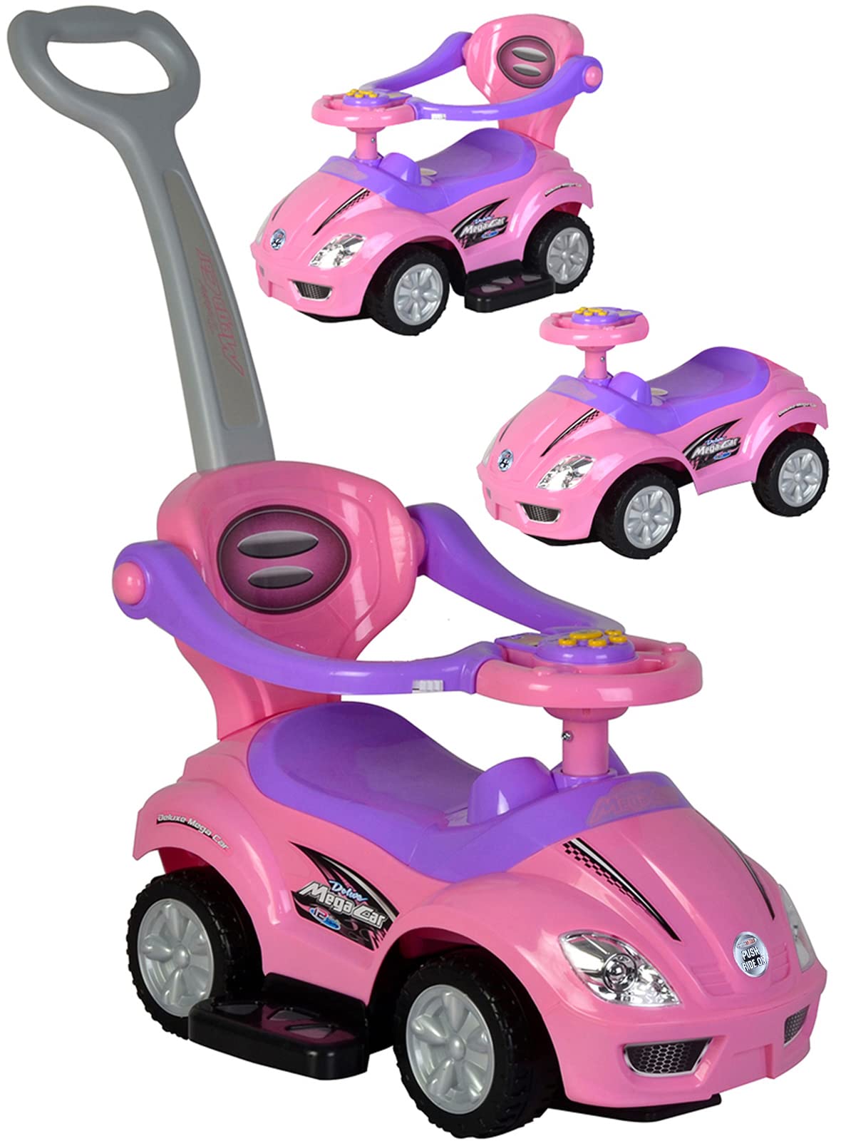 ChromeWheels Push Cars for Toddlers, 3 in 1 Ride on Push Car with Guardrail, Ride on Toys Mega Car w/Push Handle & Horn & Music & Under Seat Storage, Pink
