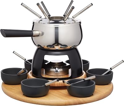 Artesà Set per Fonduta con Piatto Girevole Lazy Susan, Pentola per Fonduta in Acciaio Inossidabile con Bruciatore, Pentole per Tuffi e Utensili, Set di 22 Pezzi, Nero