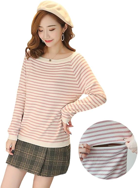 Amazon Co Jp テンカ マタニティ 長袖 トップス 秋冬 授乳服 ニット 妊娠服 ストライプ おしゃれ 上着 授乳口付き 産前 産後 弾力性 年中使える 家 外出 出産祝い 服 ファッション小物