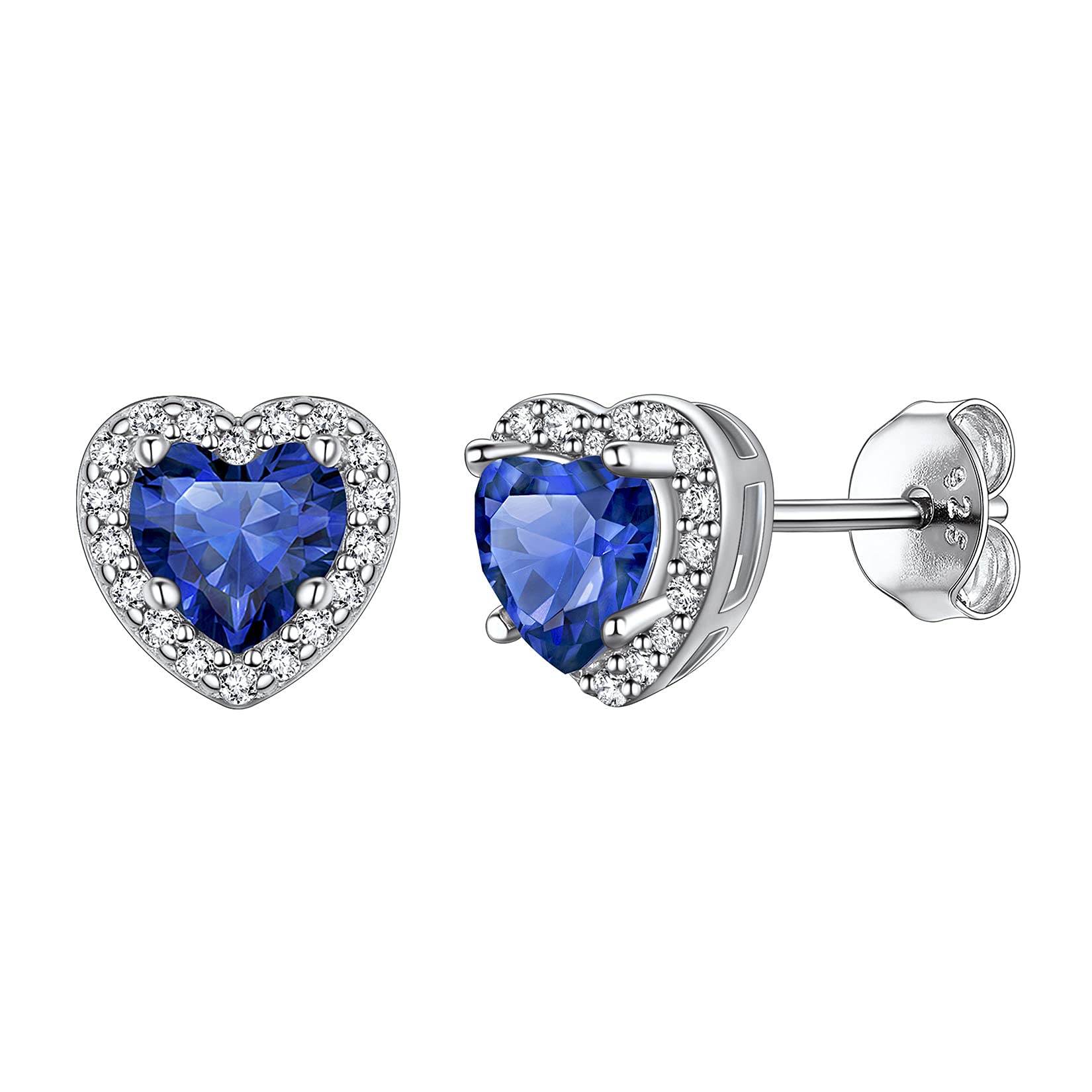 925 Sterling Silver Heart Brilliant Cut Cubic Zirconia CZ Halo Stud Earrings for Women Girls Tiny Cute Comfy Created Blue Sapphire September Birthstone Hypoallergenic Wedding Bridesmaid Earrings