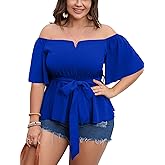 SCOMCHIC Women's Plus Size Off The Shoulder Peplum Blouse Top Half Bell Sleeve Tie Waist Ruffle Hem Babydoll Tops