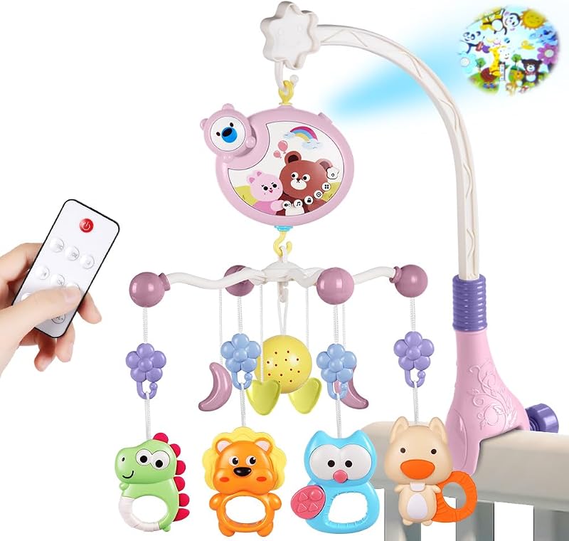 Aolso Baby Crib Mobile Music Lights Projector Remote Control Toy Pink